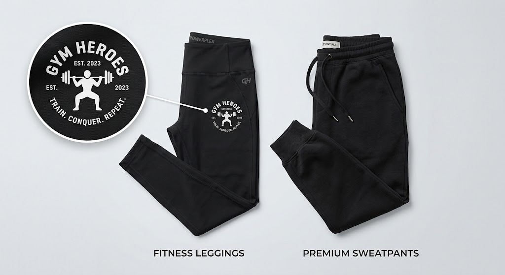 Black print-on-demand fitness leggings and premium sweatpants displayed on a neutral background.