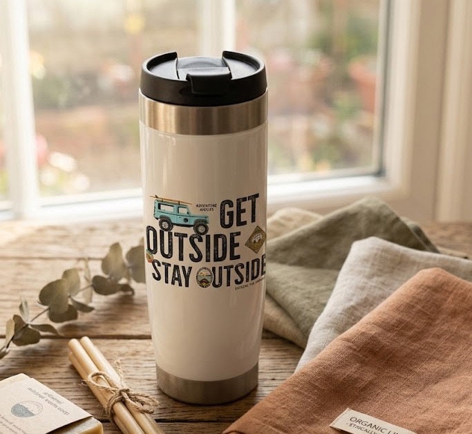 Eco-friendly stainless steel travel tumbler and cloth napkins arranged sustainably.