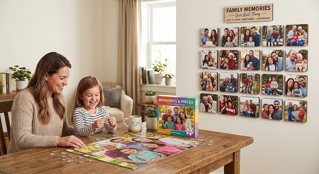 Custom photo puzzle and foam photo tiles displayed for family holiday gifting.