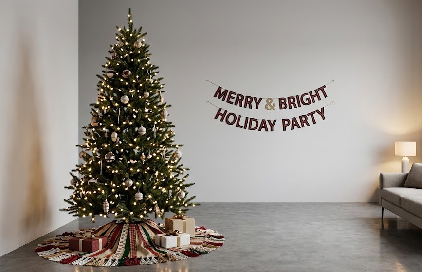 Customized Christmas tree skirt and party banner set up in a festive living room mockup.