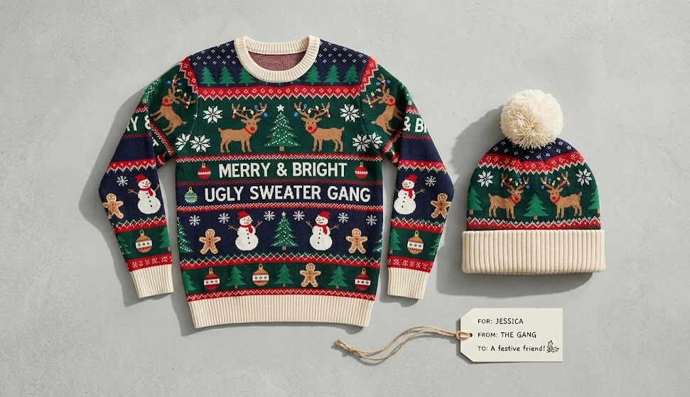 Custom ugly Christmas sweater and holiday hat print-on-demand mockup.