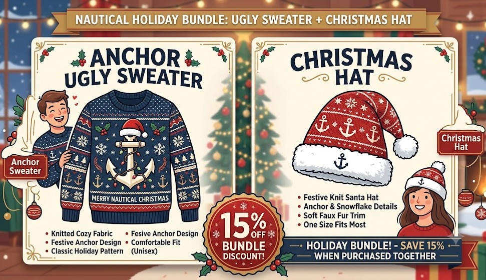 Infographic showing a high-converting holiday bundle of an ugly sweater and Christmas hat.