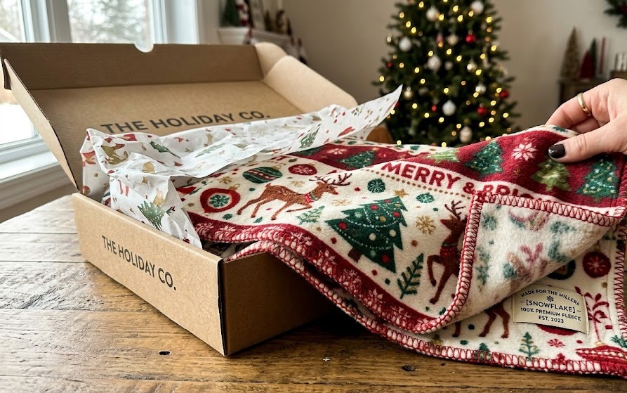 UGC-style close-up photo showing fabric texture and print quality of a holiday blanket.