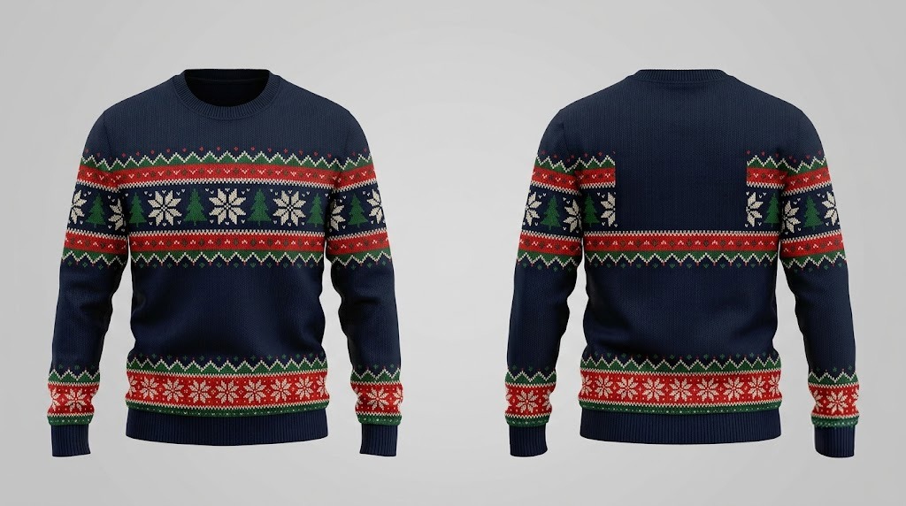 Front and back mockup of the GearLaunch All Over Printed Ugly Sweater with holiday motif.