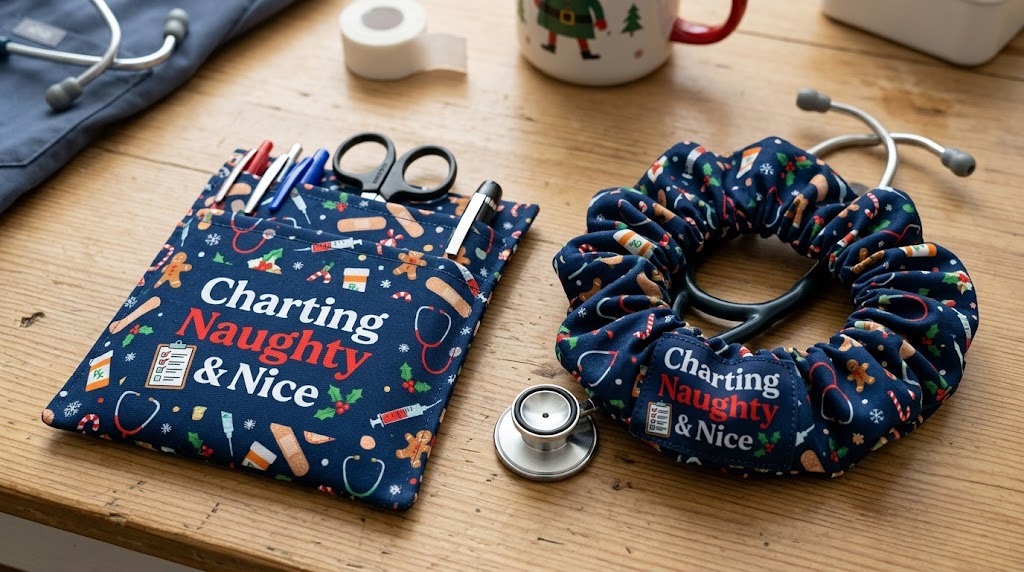 Close-up of nurse pocket organizer and stethoscope cover with matching holiday pattern.