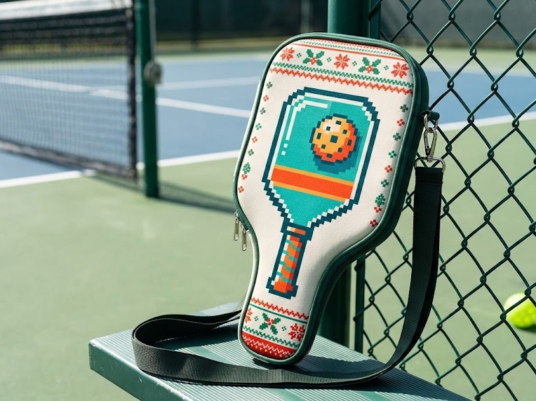 Crossbody pickleball racket cover mockup with festive holiday graphic.