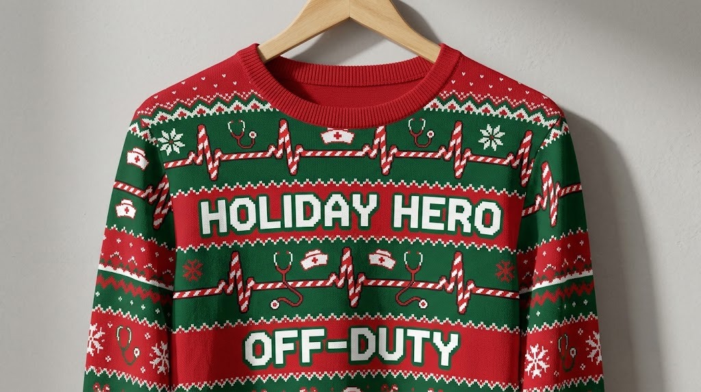 Custom nurse ugly Christmas sweater mockup with holiday medical graphics