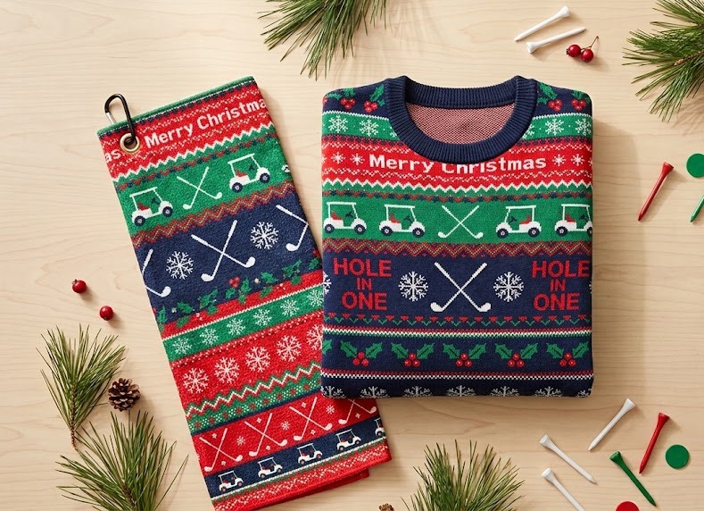 Golf ugly Christmas sweater bundled with holiday golf accessories