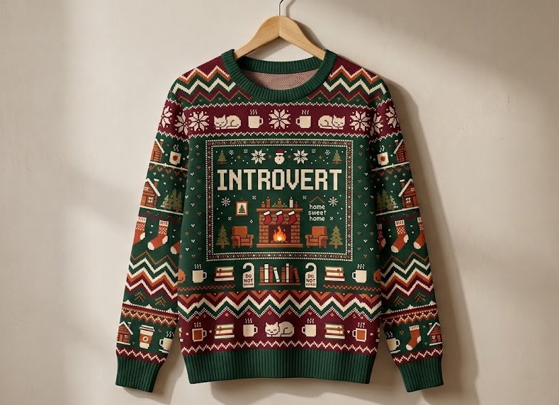 Introvert sarcastic ugly Christmas sweater mockup on light grey background