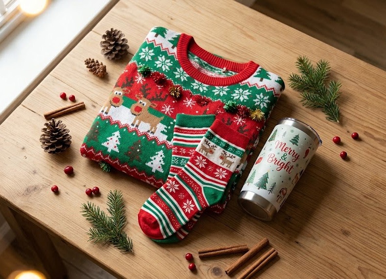 Ugly Christmas sweater bundled with matching socks and holiday tumbler