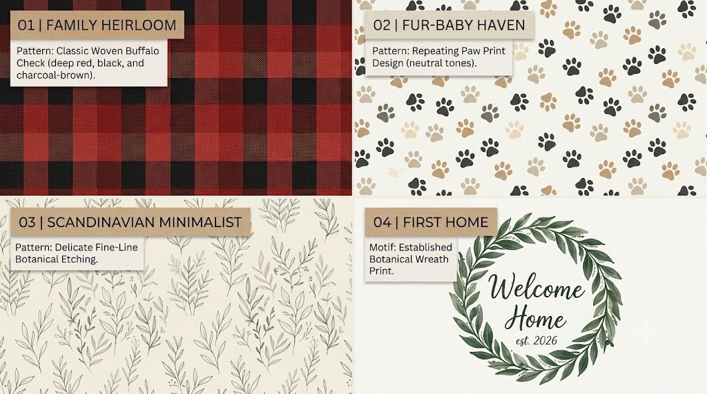 Four matching holiday design themes featuring custom tree skirts and coordinating ornaments for print-on-demand stores.