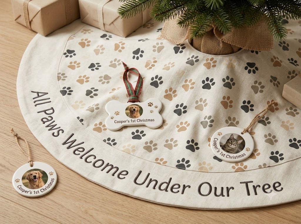 Fur-Baby Haven personalized pet Christmas tree skirt and matching photo ornaments.