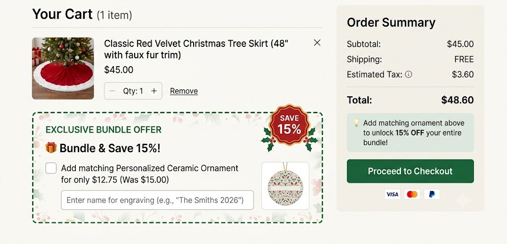 E-commerce storefront mockup showing a pre-purchase upsell for a matching Christmas tree skirt and ornament bundle.