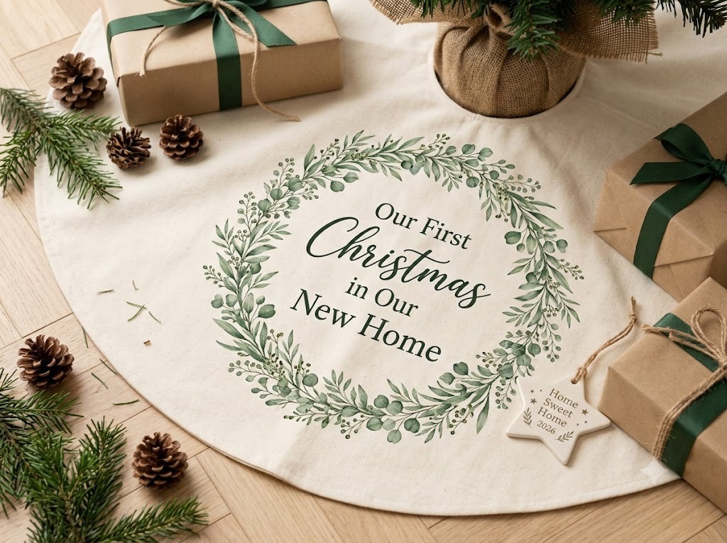 First Christmas in Our New Home custom tree skirt and ornaments.
