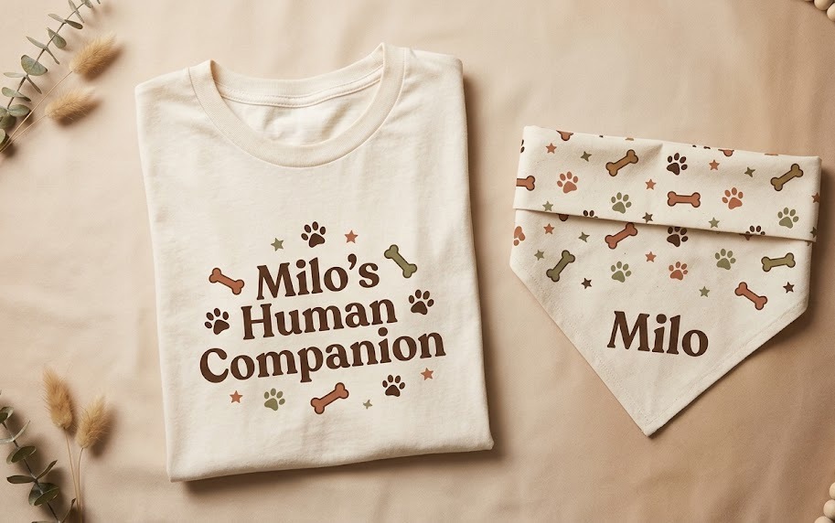 Custom pet bandana and matching human apparel for pet owner identity niche