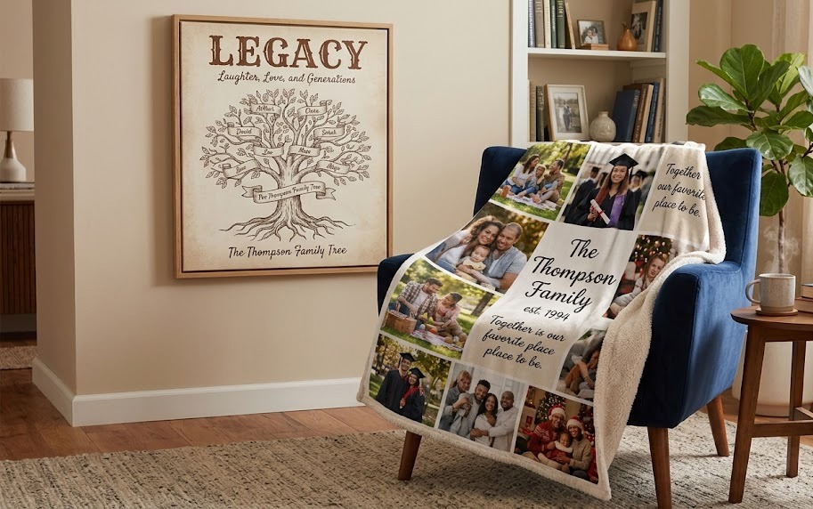 Personalized blankets and canvas wall art celebrating milestone family roles and generational pride.