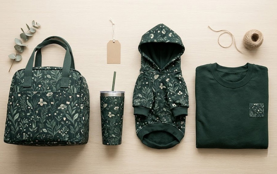 High-margin print-on-demand gifting bundles featuring drinkware, bags, and apparel.
