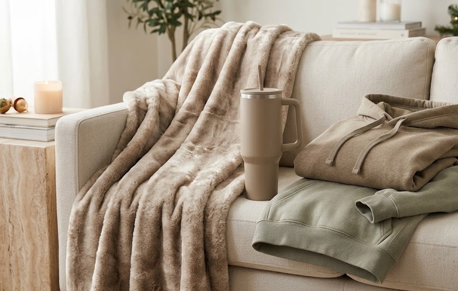 Cozy gift set bundle featuring a hoodie, blanket, and tumbler for Q4 holiday sales