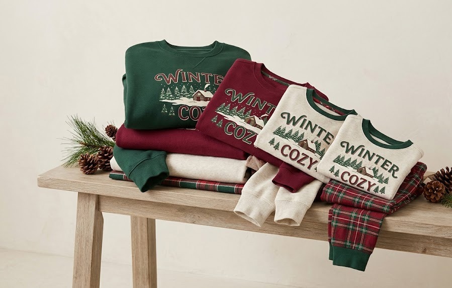 Matching family holiday pajamas and cozy apparel collection for print-on-demand sellers.