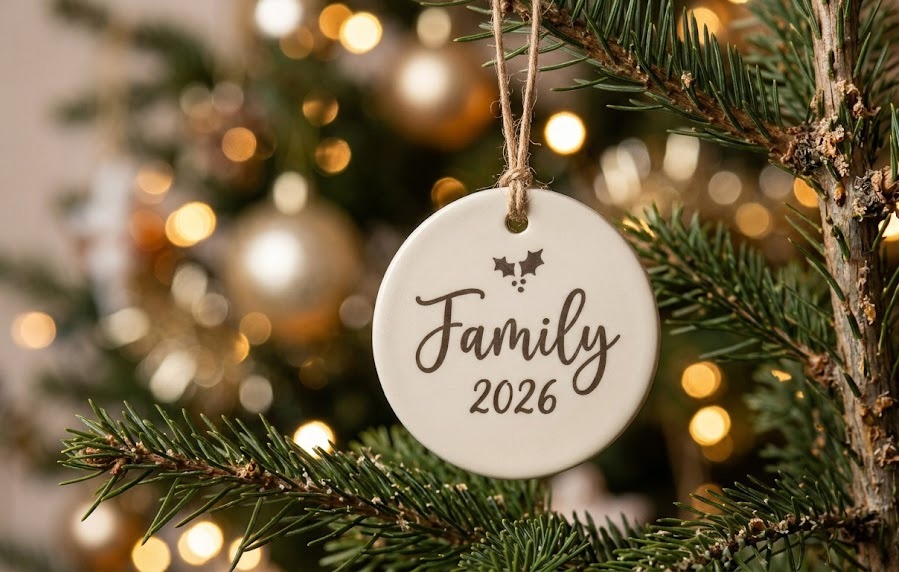Personalized ceramic holiday ornament mockup with family year customization.