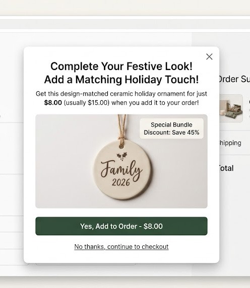 E-commerce checkout screen showing campaign-level upsell offers for print-on-demand stores.
