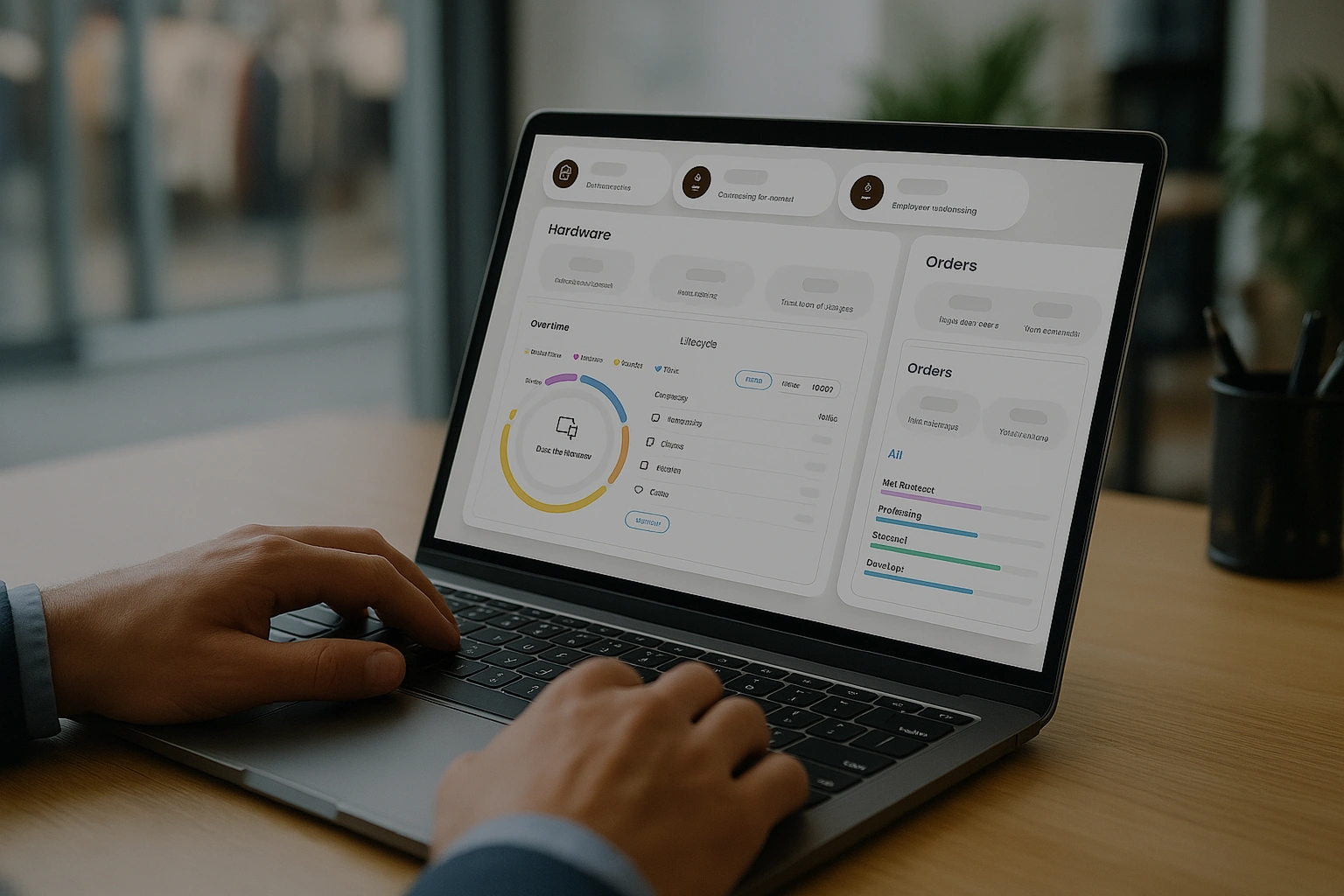 Hands typing on a laptop that shows a hardware and orders dashboard