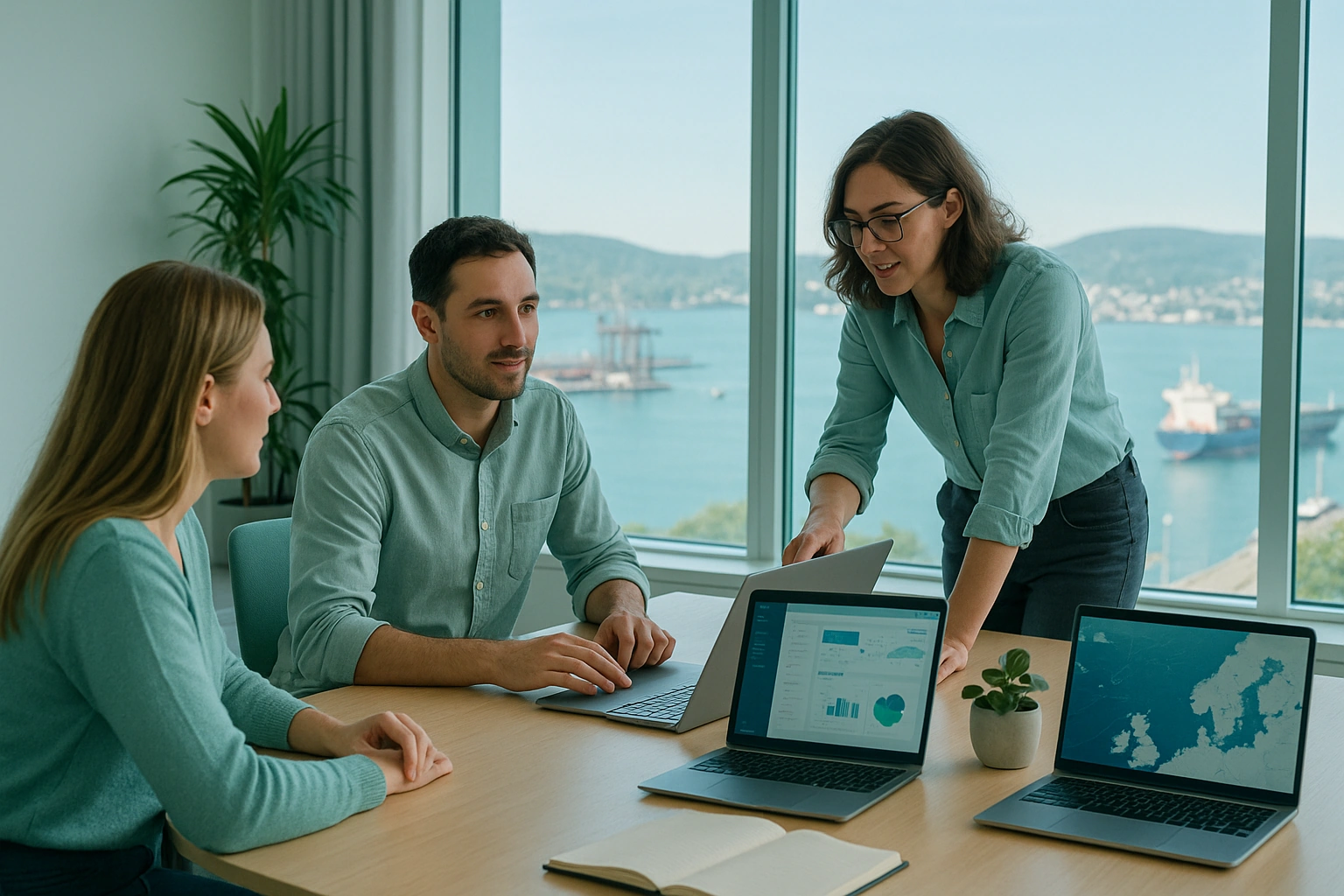 Three colleagues at a table with laptops showing maps, in an office overlooking a harbour