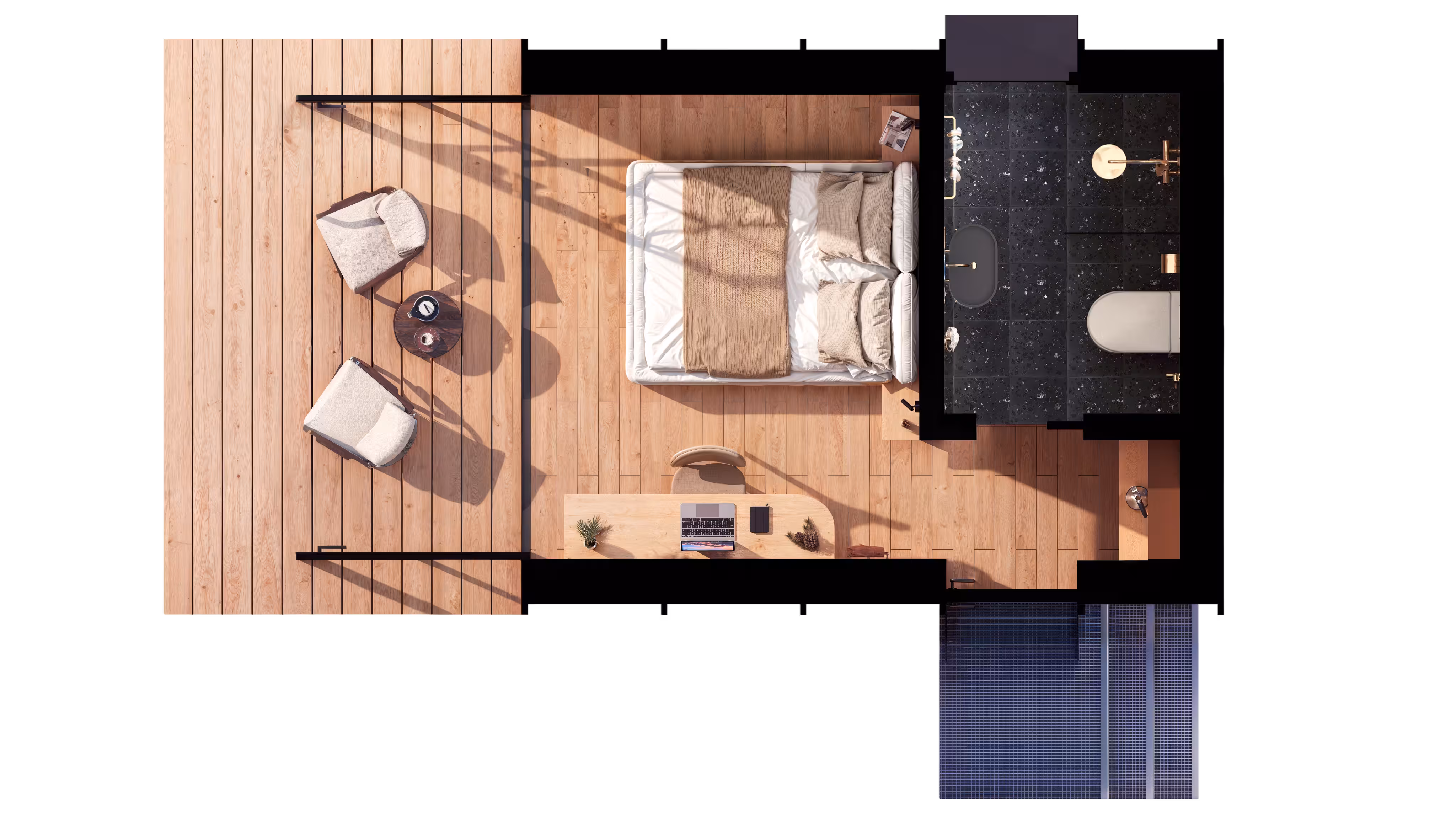 The floor plan of the ELMNTL Shelter S1 prefab modular cabin. It shows it spacious interiors and quality materials in a compact solution