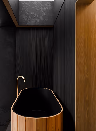 An image showcasing the sauna  of ELMNTL Shelter  cabins. These modular prefab cabins come with multiple customizations.