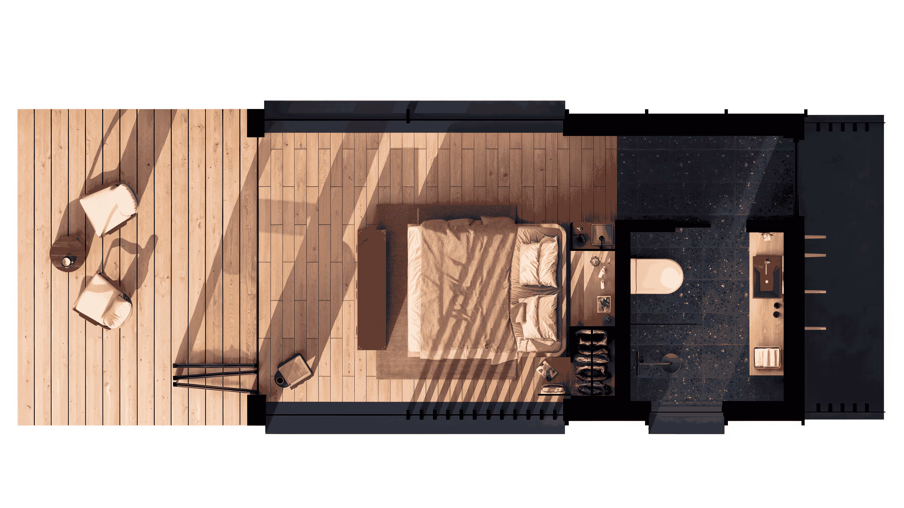 detailed floor plan of the ELMNTL Shelter S3- A spacious modular prefab cabin that come fully completed and ready to be installed 
