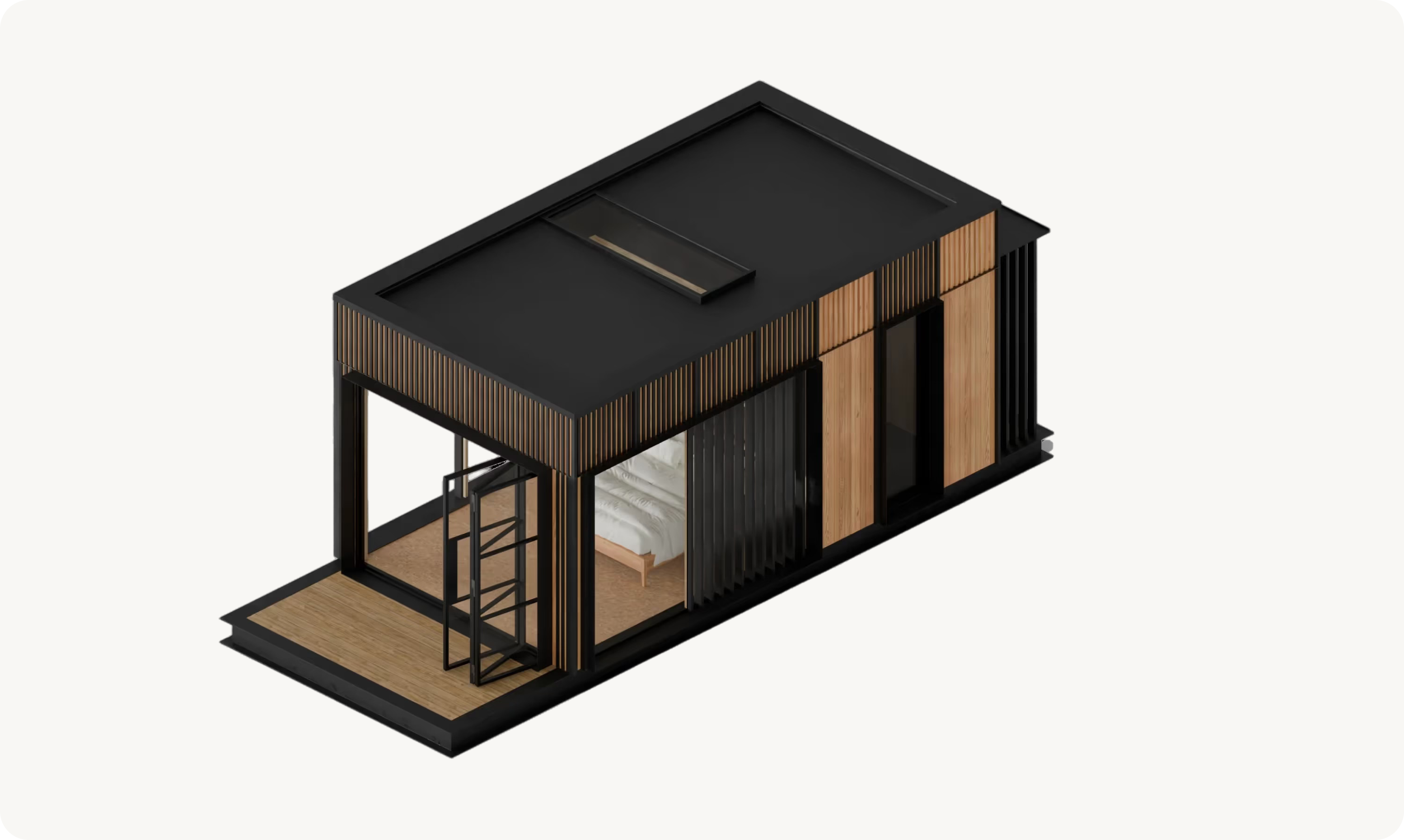 A model showcasing the ELMNTL Shelter S3- The perfect prefab solution for rental properties, airbnbs, holiday cabins and much more