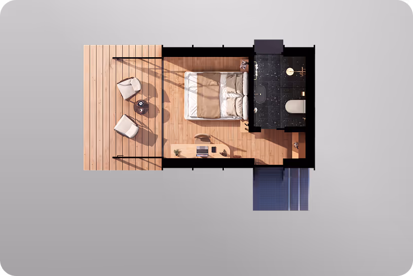 Floor plan of ELMNTL Shelter S1 modular cabin for hospitality