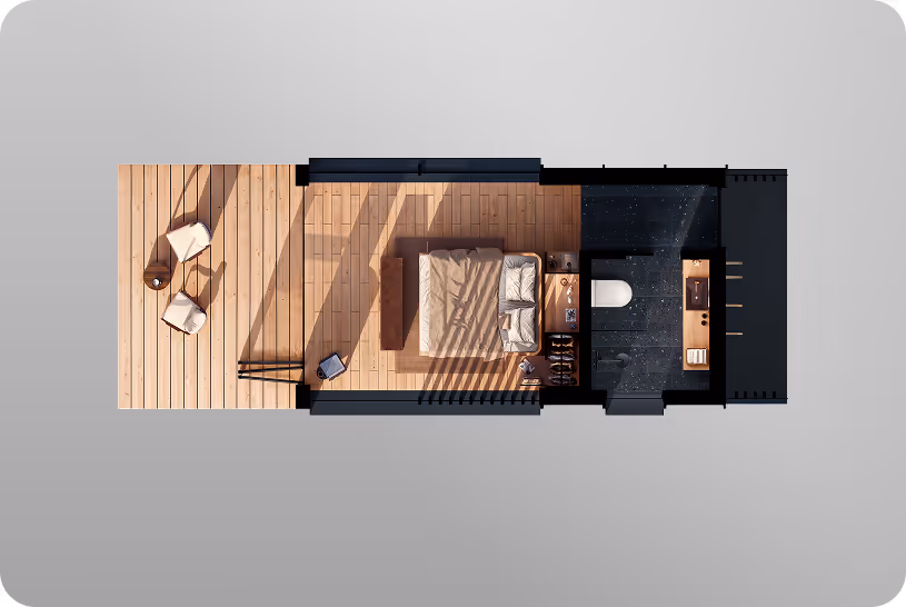 Floor plan of ELMNTL Shelter S2 modular cabin for hospitality