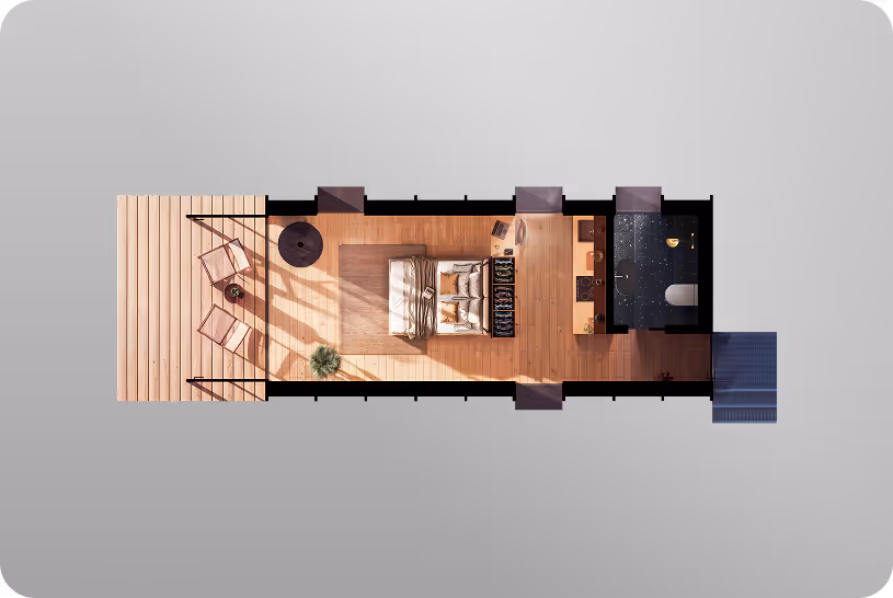 Floor plan of ELMNTL Shelter S3 modular cabin for hospitality