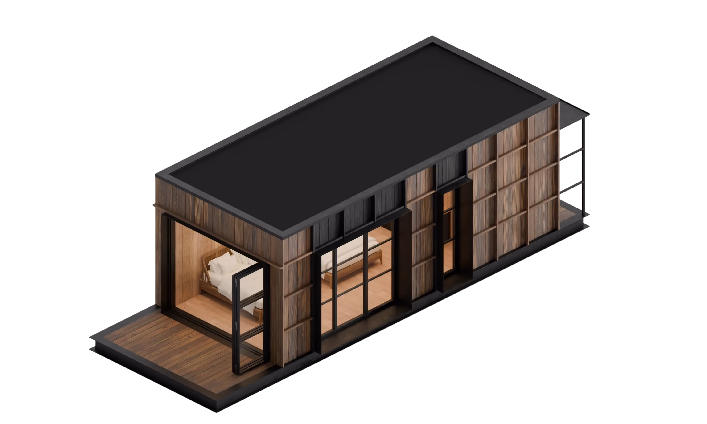 A model showcasing the ELMNTL Shelter S3- The perfect prefab solution for rental properties, airbnbs, holiday cabins and much more