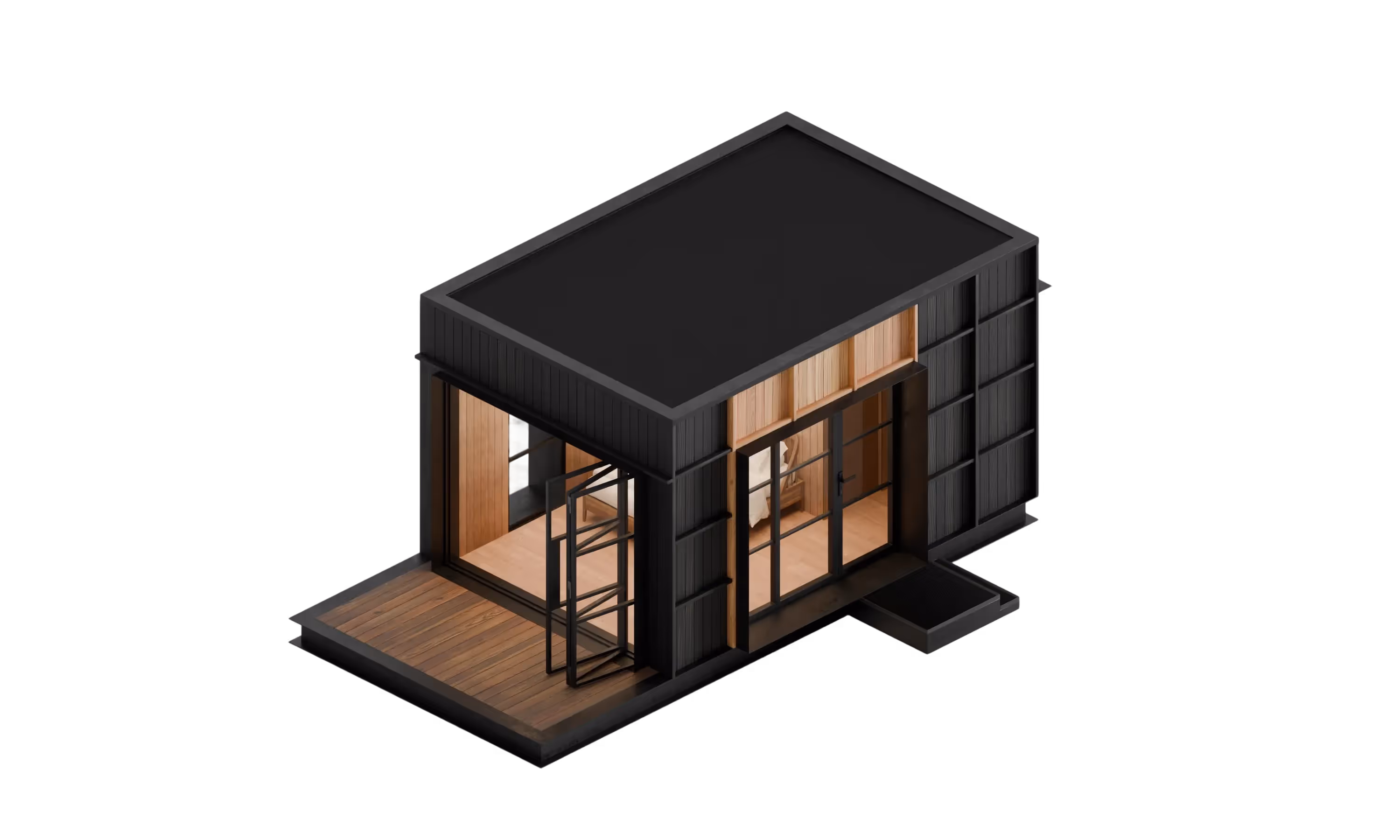 A detailed model of the ELMNTL Shelter S1. A compact modular prefab cabin perfect for micro hotel suits, tiny homes, adus, backyard studios and much more
