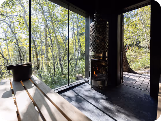 Panoramic glass in ELMNTL outdoor modular saunas made in Colorado