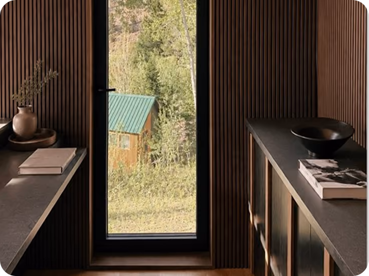 Coffee bar and kitchenette in ELMNTL modular prefab hospitality cabins
