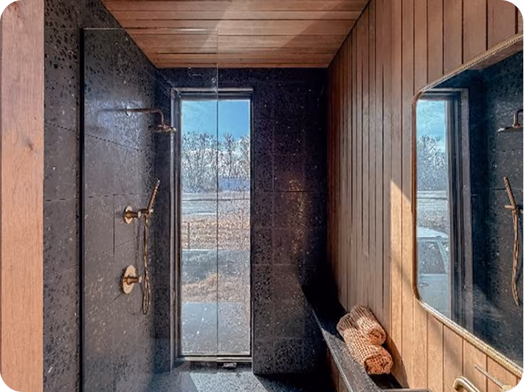 Walk-out shower in ELMNTL modular prefab hospitality cabins