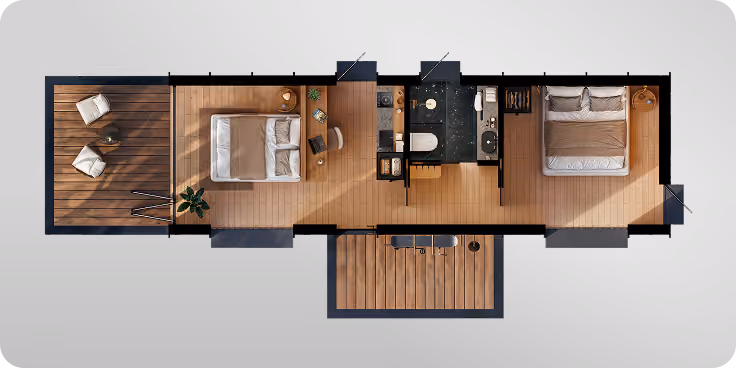 Floor plan of Shelter Together+ Queen + Sleeping pod (Queen)
