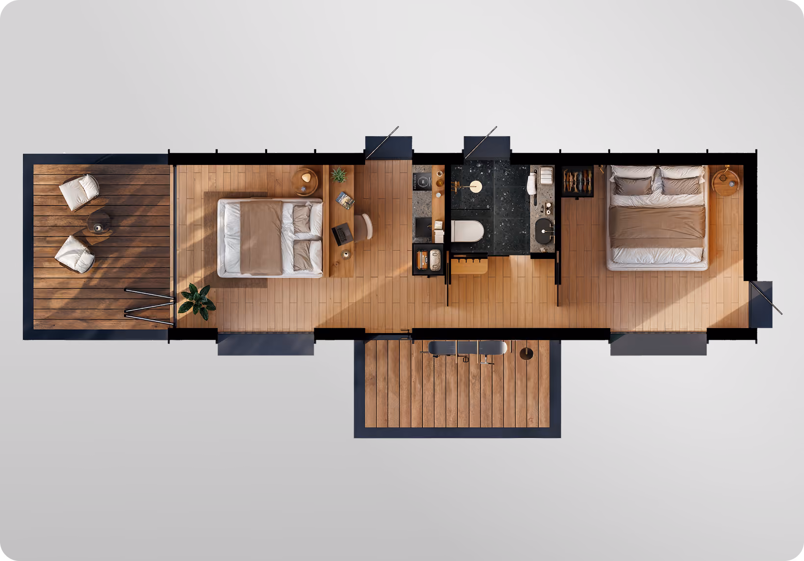 Floor plan of Shelter Together+ Queen + Sleeping pod (Queen)