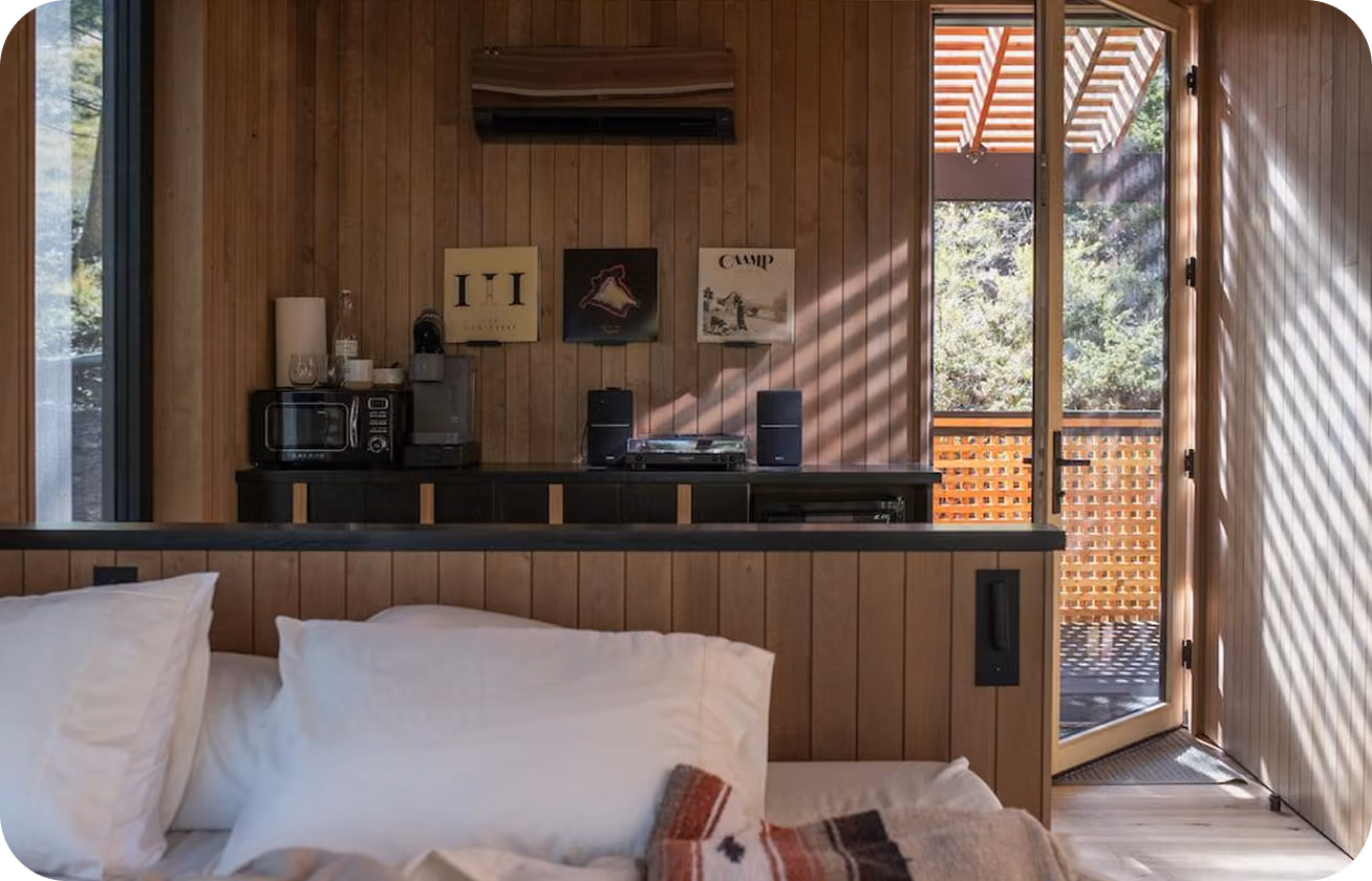 Interiors of a micro resort with ELMNTL prefab modular hospitality cabins
