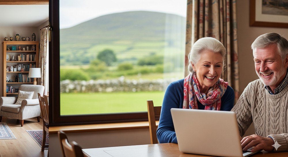 Two elderly people at a laptop smiling at each other