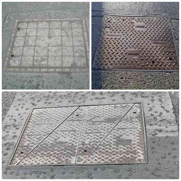 Three different types of road covers, one concrete and two metal.