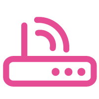 Pink modem icon with an antenna on the left and three circular indicator lights on the right, emitting two curved Wi-Fi signal waves above.