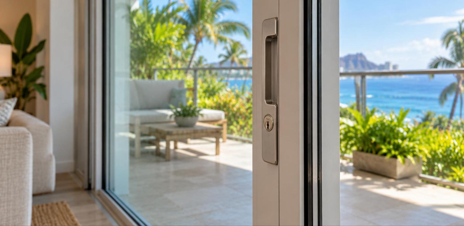 Sliding glass door lock on a Honolulu condo lanai door with ocean view