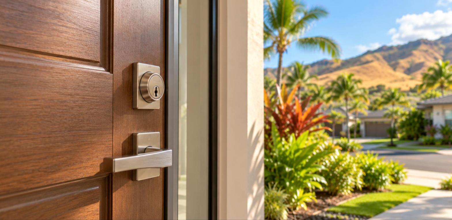 Front door deadbolt and lever handle on a Kapolei, Hawaii home