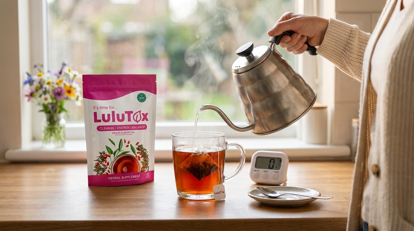 Hot water poured from a kettle over a pyramid tea bag in a glass mug, next to a kitchen timer and a Lulutox pouch.
