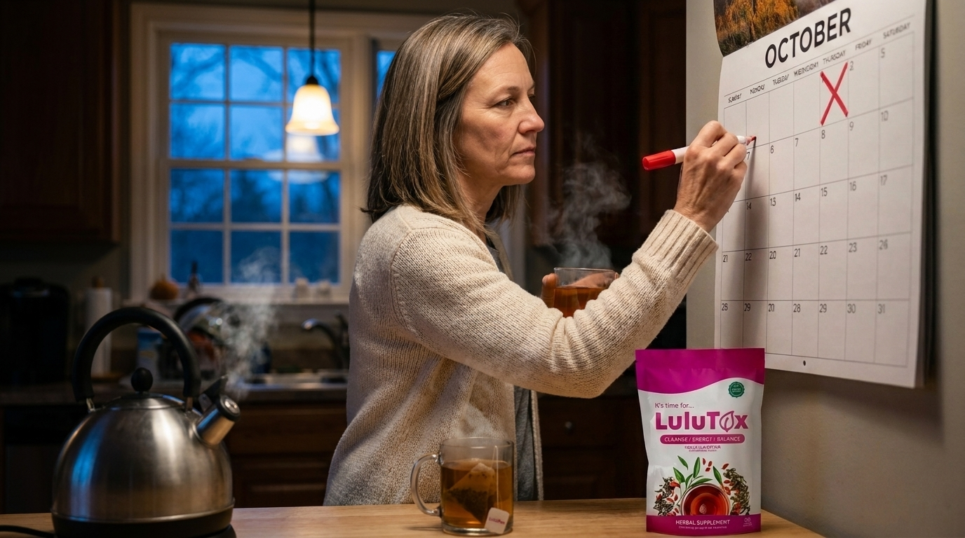 A woman in her kitchen before sunrise marks Day 1 on an October wall calendar, a steaming cup of tea and a Lulutox pouch on the counter.