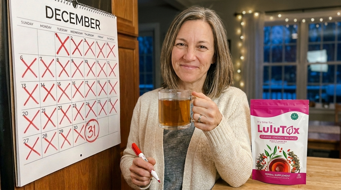 The same woman smiles and raises her cup of tea beside a December calendar with the days crossed off and the 31st circled, a Lulutox pouch on the counter.